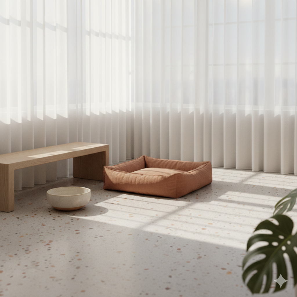Brown pet bed on a concrete floor with a wooden bench and white bowl in a room with large windows.